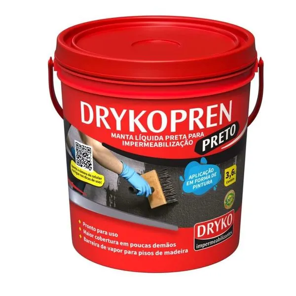 Membrana Asfáltica Líquida Drykopren Preto Dryko MEMBRANA ASFALTICA LIQ DRYKOPREN PT 3,6L COZ E BANHEIROS
