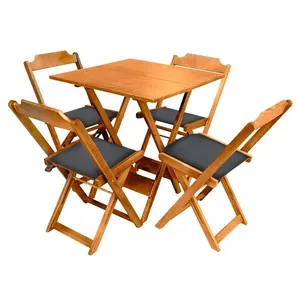 Jogo De Mesa Dobravel De Madeira 70x70 Com 4 Cadeiras Natural Estofado Preto - Marrom
