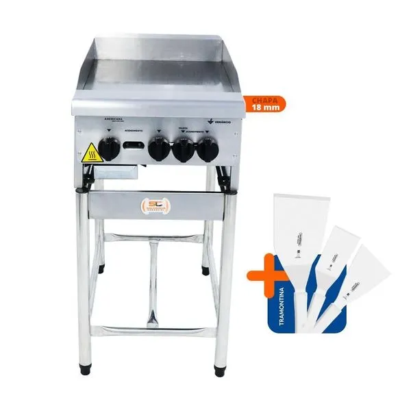 Kit Chapa Bifeteira a Gás 45cm CGP45 Lisa Inox 18mm com Cavalete e Espátulas Metalúrgica Venâncio Chapa Bifeteira a Gás 45cm CGP45 Lisa Inox com Cavalete e Espátulas Metalúrgica Venâncio