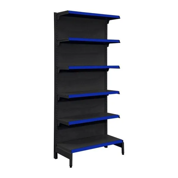 Gôndola New Plus 2,00 Parede Inicial Prateleira Preta 6 Níveis 40x30 Pé Azul Sa Gôndolas Gôndola New Plus 2,00 Parede Inicial Prateleira Preta 6 Níveis Pé Azul Sa Gôndolas