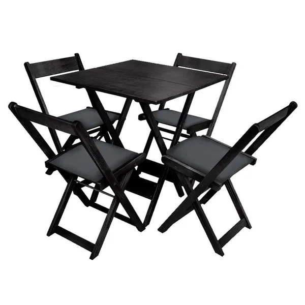 Jogo De Mesa Dobrável De Madeira 70x70 Com 4 Cadeiras Preto Estofado Preto