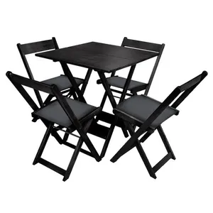 Jogo De Mesa Dobrável De Madeira 70x70 Com 4 Cadeiras Preto Estofado Preto