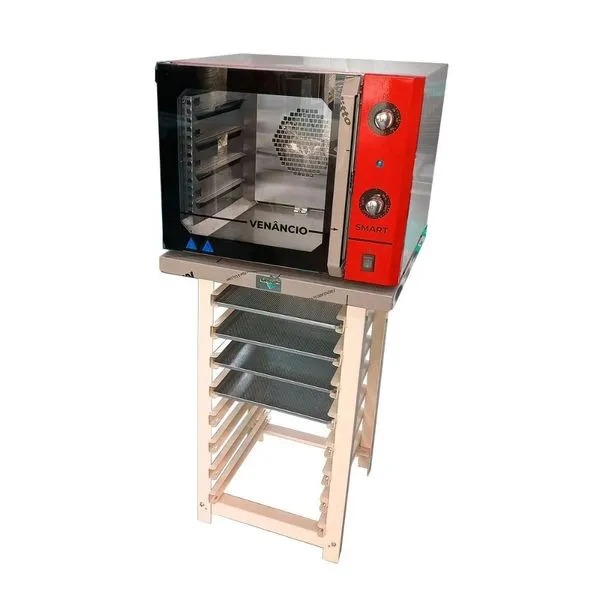 Kit Forno Turbo Elétrico de Convecção Metalúrgica Venâncio FCSB4E Aço Inox 55L com Bancada e Assadeiras Vermelho 220V Forno Turbo Elétrico de Convecção Metalúrgica Venâncio FCSB4E Aço Inox 55L Vermelho 220V