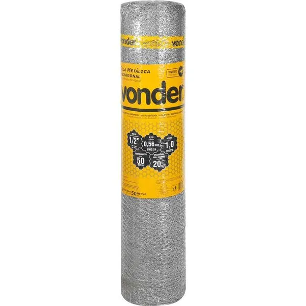 Tela Metálica Hexagonal Malha 1/2" 24 BWG x 1,0m 50 metros Viveiro VONDER