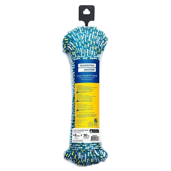 Corda Trançada Pet Meada 8 mm X 30 m para Amarrações de Cargas 381 e 4 Kgf Azul Tramontina Corda Trançada Pet Meada 8 mm X 30 m para Uso Doméstico e Agronegócio Azul Tramontina