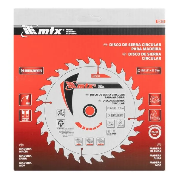 Disco de Serra Circular 185mm 22,23mm 24 Dentes para Madeira e MDF Vermelho MTX Disco de Serra Circular 185mm 22,23mm 24 Dentes Vermelho MTX