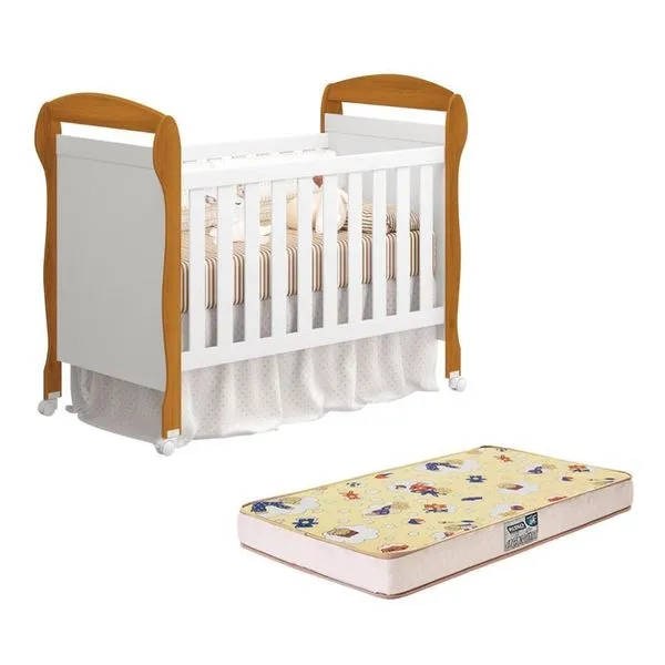 Berço Mini Cama Danny com Colchão D18 de 10cm Padrão Americano Branco Savana Reller Móveis Berço Mini Cama Danny Branco Savana Com Colchão D18 De 10cm - Reller Móveis Branco Savana