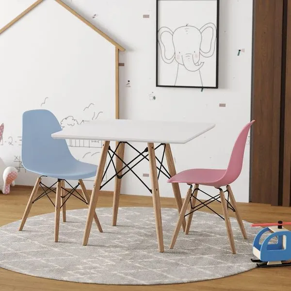 Conjunto De Mesa Madeira Infantil 68Cm Quadrado Branco 1 Cadeira Azul 1 Cadeira Rosa