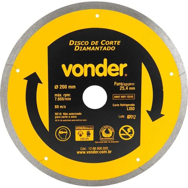 Disco de Corte Diamantado 200mm x 25,4mm Liso - VONDER