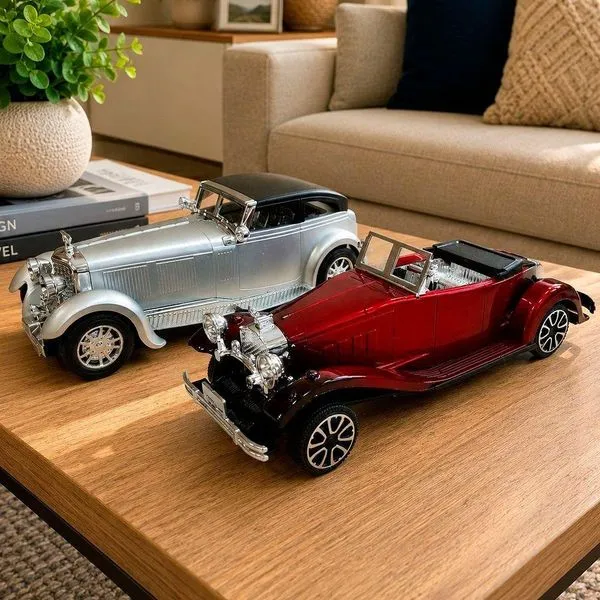Kit 2 Carros Miniatura Colecionável Retrô Sistema de Fricção Vermelho e Prata