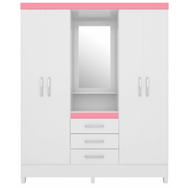 Guarda-Roupa Solteiro em MDP, 4 Portas, 3 Gavetas, Espelho - Capelinha Persia Branco/Rosa