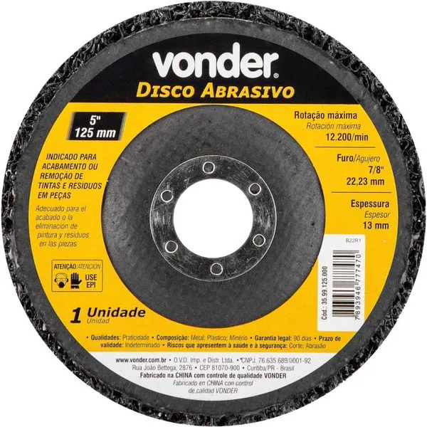 Disco abrasivo 5" furo de 7/8" (22,23 mm) - VONDER