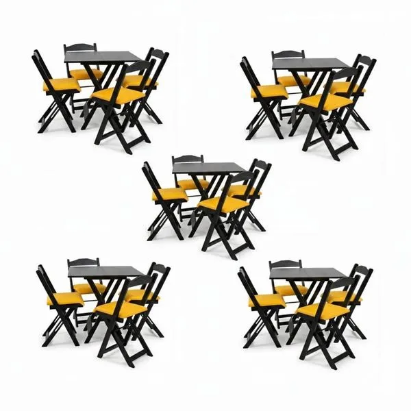 Kits 5 Conjuntos Dobráveis 70x70 5 Mesas 20 Cadeiras Preto Com Estofado Amarelo