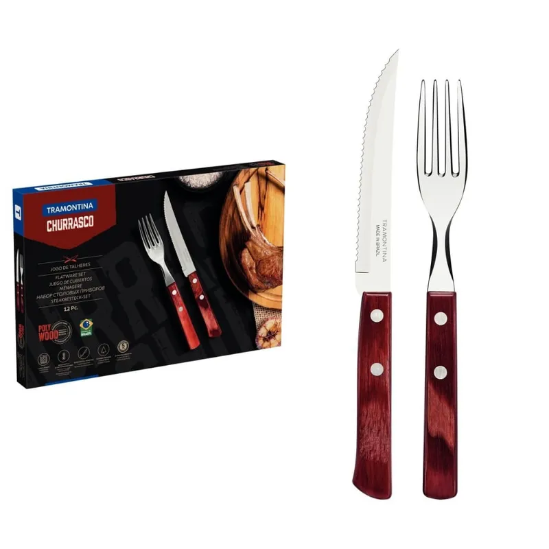 Outlet - Jogo de Talheres Tramontina para Churrasco 12 Peças em Aço Inox Vermelho