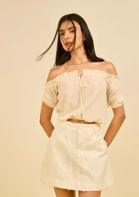 Blusa Zinco Solta Ombro A Ombro Manga 7 Oitavos Padrão Off White P