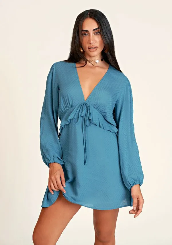 Vestido Zinco Curto Decote V Com Babado Azul Marinho P