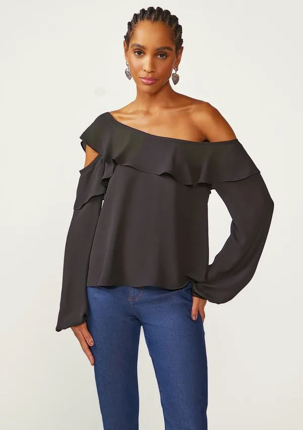 Blusa Zinco Solta Um Ombro Só Manga Longa Padrão Preto G