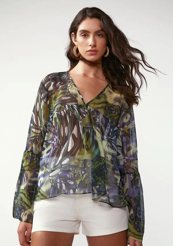 Blusa Zinco Solta Decote V Manga Longa Padrão Verde P