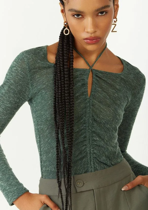 Blusa Zinco Ajustada Decote Reto Manga Longa Padrão Verde P