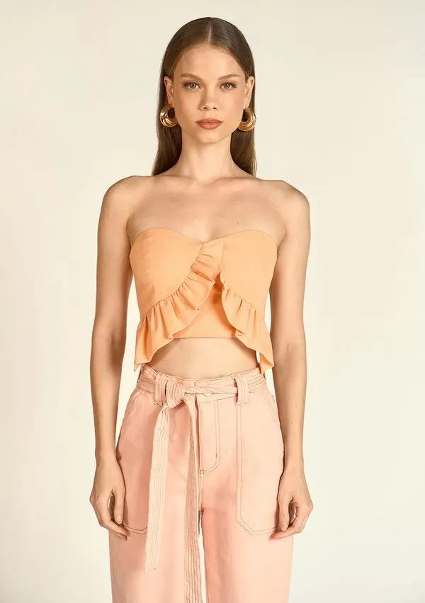 Top Zinco Cropped Tomara Que Caia Com Babados Laranja P