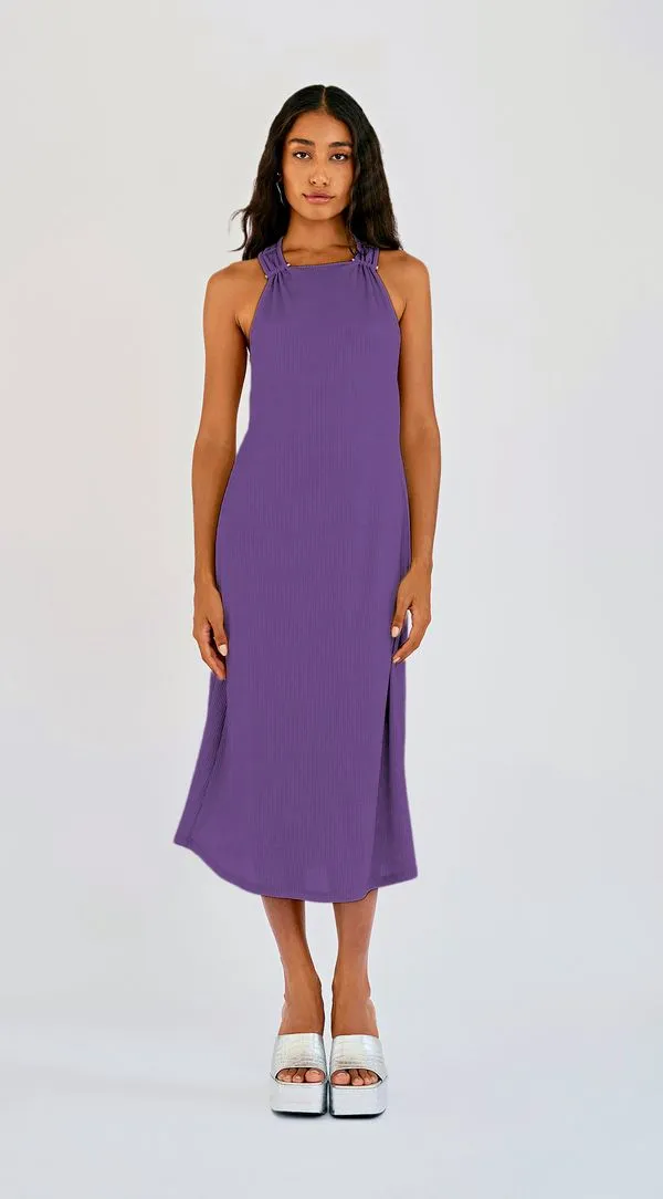 Vestido Zinco Midi Decote Redondo Com Metal Roxo G