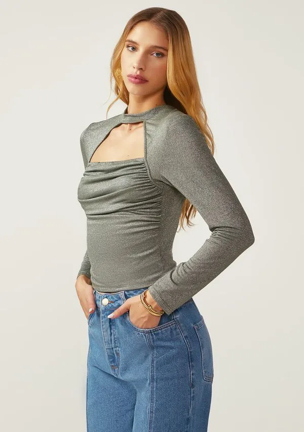 Blusa Zinco Ajustada Gola Alta Manga Longa Padrão Verde PP
