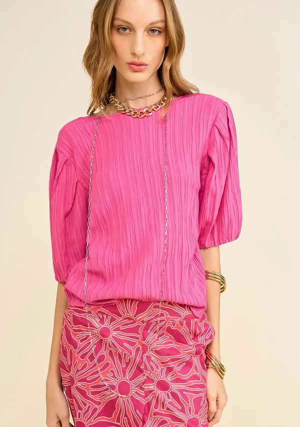 Blusa Zinco Solta Decote Careca Manga 3 Quartos Padrão Rosa G