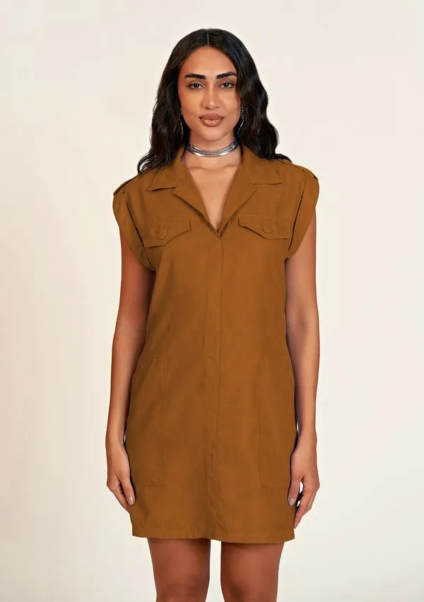 Vestido Zinco Curto Gola Camisa Com Faixa Marrom PP