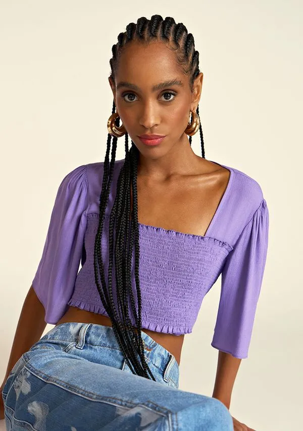 Blusa Zinco Decote Reto Manga Flare Com Lastex Roxo M