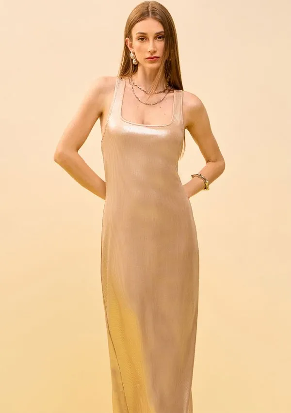 Vestido Zinco Ajustado Decote Reto Sem Manga Midi Bege M