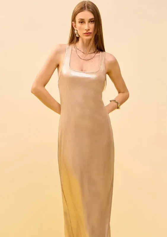Vestido Zinco Ajustado Decote Reto Sem Manga Midi Bege M